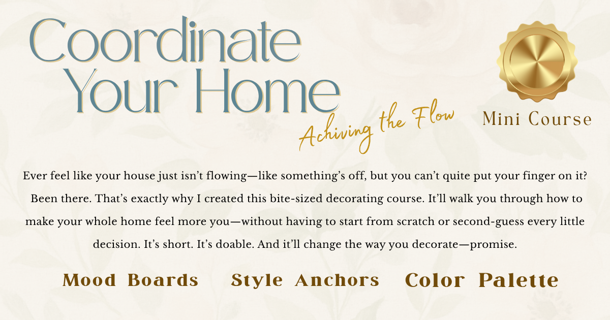 Promotional text for a home decorating mini course with decorative elements on a beige background.